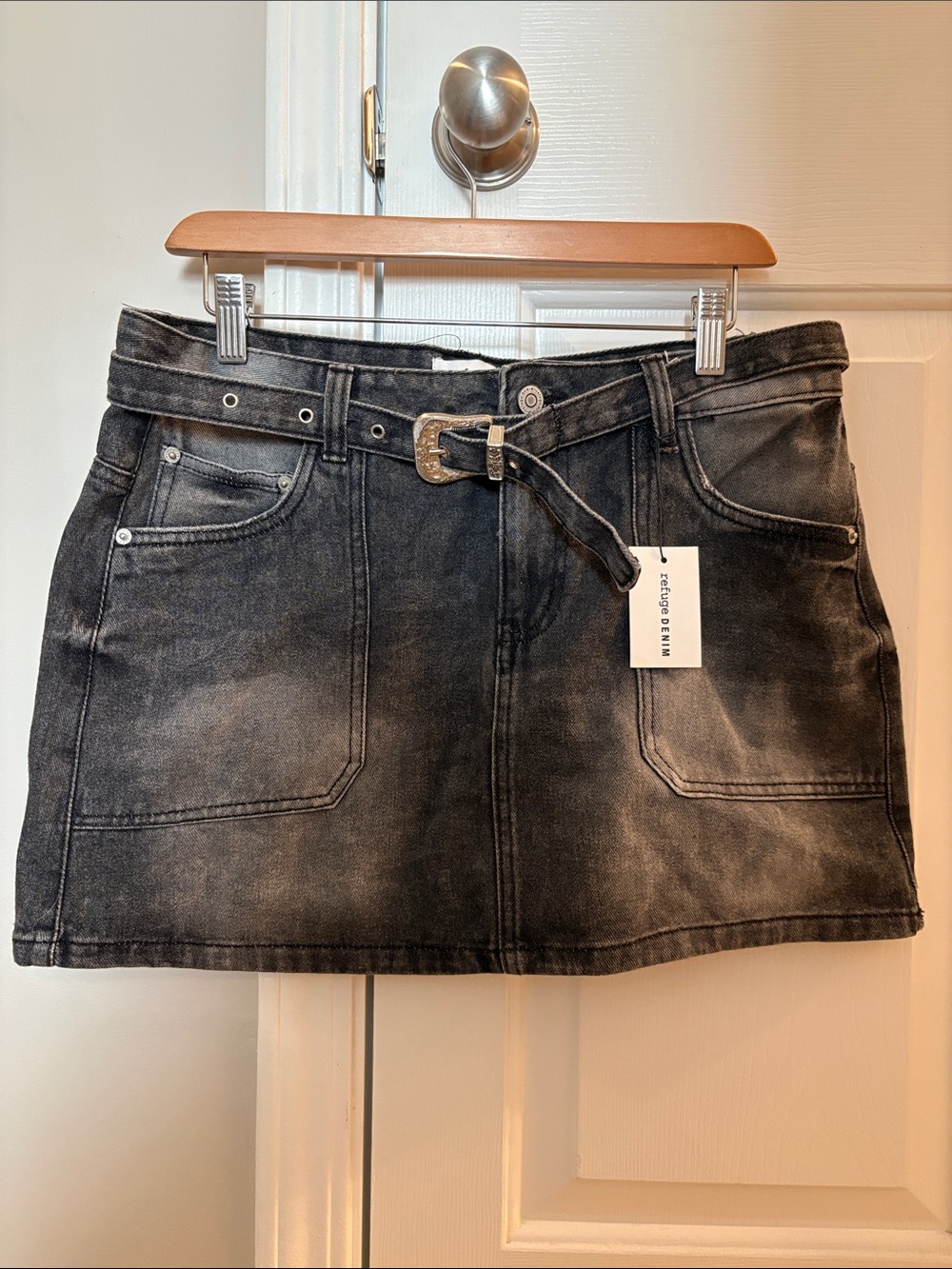 refuge Washed Black Denim Mini Skirt with Belt
